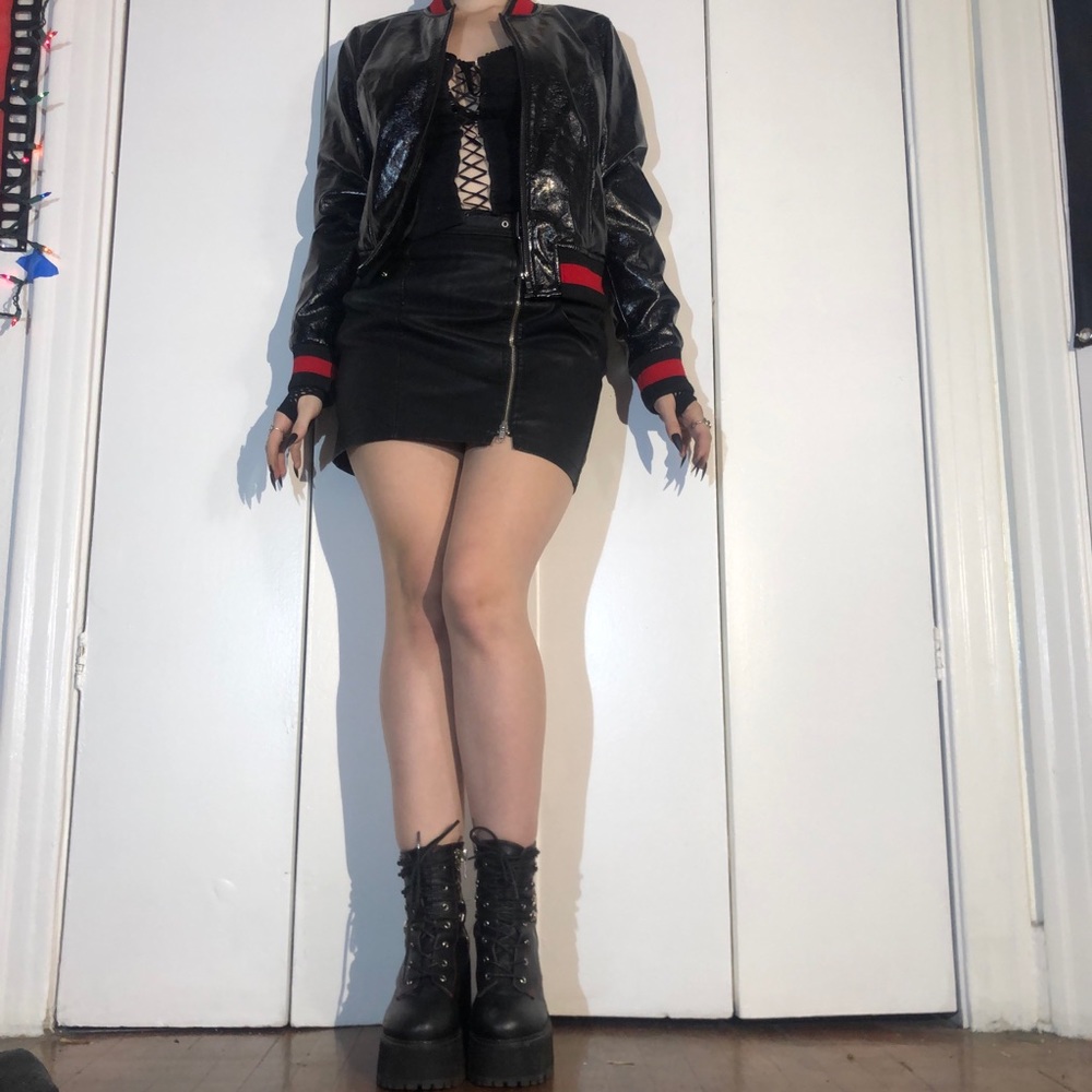 Black and Red Pleather Bomber Jacket